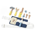 The Classic World Tool Belt, by Classic World, is a children's toy toolset that includes a white adjustable tool belt with a pocket and features a toy hammer, wrench, ruler, and various nuts, bolts, and screws in soft pastel colors of blue, yellow, and beige. These carpentry tools for kids are designed to encourage imaginative and creative play.