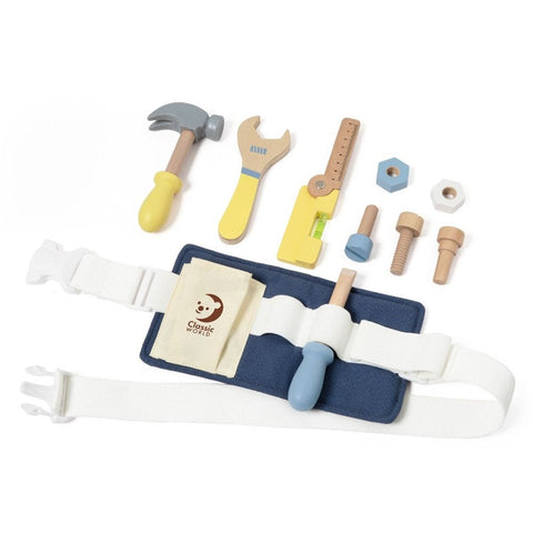 The Classic World Tool Belt, by Classic World, is a children's toy toolset that includes a white adjustable tool belt with a pocket and features a toy hammer, wrench, ruler, and various nuts, bolts, and screws in soft pastel colors of blue, yellow, and beige. These carpentry tools for kids are designed to encourage imaginative and creative play.