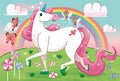 An illustrated unicorn with a pink mane and tail stands on a grassy hill adorned with candy and patterned rocks. Butterflies and fairies flutter around, while a vibrant rainbow arcs through a sky dotted with fluffy clouds. This charming scene bursts with bright, vibrant colors, making it perfect for children's puzzles like the Clementoni 2 x 20 Piece Unicorn Puzzles from the renowned brand, Clementoni.