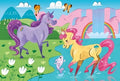 A whimsical scene featuring a purple unicorn and a yellow unicorn with pink hair near a pond. Butterflies flutter above, a rainbow arcs in the background, and waterfalls cascade down cliffs in bright and vibrant colors. A fish leaps joyfully from the water near the unicorns, reminiscent of Clementoni 2 x 20 Piece Unicorn Puzzles — perfect for children.