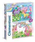 The Clementoni 2 x 20 Piece Unicorn Puzzles box from the renowned Clementoni brand showcases two enchanting scenes. The top puzzle features purple and yellow unicorns frolicking in a meadow filled with butterflies, while the bottom puzzle displays a white unicorn with a candy cane tail in an otherworldly landscape. The box is adorned with the magical phrase "I Believe in Unicorns".