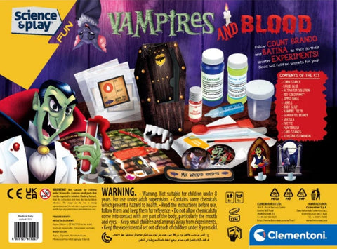 The image depicts the "Clementoni Science & Play - Fun Vampire and Blood Kit" by Clementoni. The vibrant box displays illustrations of a vampire, bats, and potion bottles. It contains various laboratory equipment and materials designed for spooky slime experiments, with text warnings and product information clearly visible.