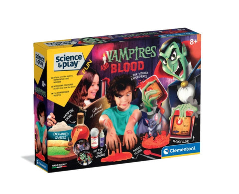 Box for Clementoni Science & Play - Fun Vampire and Blood Kit by Clementoni. The package is colorful, featuring images of kids conducting spooky slime experiments alongside various bottles and decorations related to the vampire theme. Recommended for ages 8 and up.