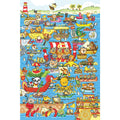 An illustration of various animals engaging in lively activities on the water. They are in colorful boats and ships with a backdrop of a lighthouse, island, and beach. The scene is vibrant, featuring a diverse mix of creatures in playful scenarios—perfect as the Viga Cobble Hill Boat Race Puzzle 60pc^ on premium grade board.