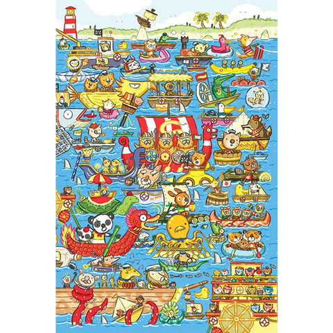 An illustration of various animals engaging in lively activities on the water. They are in colorful boats and ships with a backdrop of a lighthouse, island, and beach. The scene is vibrant, featuring a diverse mix of creatures in playful scenarios—perfect as the Viga Cobble Hill Boat Race Puzzle 60pc^ on premium grade board.