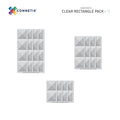 Image of three sets of Connetix Clear Rectangle Pack 12pc, featuring a variety of sizes under the header "Clear Rectangle Pack - 12." Each set comprises magnetic tiles arranged in a grid pattern, with a total of 12 tiles shown, ideal for STEAM learning activities.