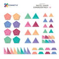 The Connetix Pastel Shape Expansion Pack 48pc from Connetix features 48 magnetic tile shapes, including pentagons, hexagons, triangles, and triangular prisms in pastel shades of pink, purple, teal, green, blue, and orange. The text on the packaging reads "PASTEL SHAPE EXPANSION PACK - 48.