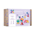 A box of Connetix Pastel Shape Expansion Pack 48pc features colorful geometric shapes designed to inspire mathematical understanding. The light purple packaging showcases vibrant icons and images of constructed shapes, noting it's suitable for ages 3 and up.