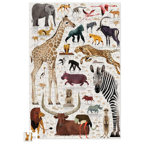 The Crocodile Creek 150pc Puzzle Tin - African Animals from Crocodile Creek showcases an array of wildlife, such as a giraffe, zebra, elephant, lion, hippo, meerkat, along with various birds and smaller mammals illustrated in an intricate African animal design on a white background. One puzzle piece is detached at the bottom left.