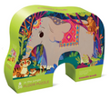 The Crocodile Creek 36-piece Floor Puzzle - In the Jungle comes in a colorful, elephant-shaped box. The packaging illustration showcases a decorated elephant, a monkey, a tiger, and a parrot amidst vibrant jungle foliage, with the Crocodile Creek brand prominently displayed.