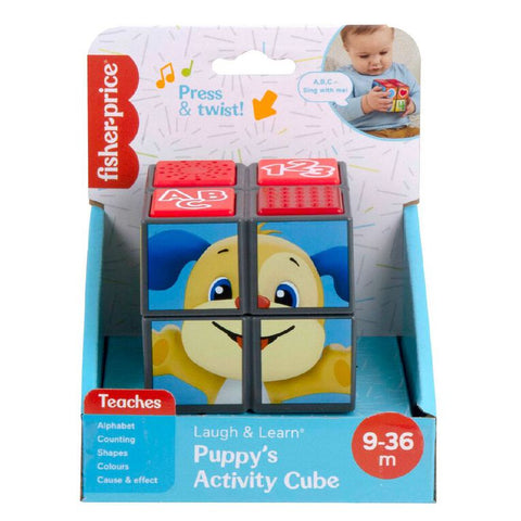 The Fisher-Price Laugh & Learn Puppy's Activity Cube by Fisher-Price is a vibrant activity toy for toddlers. It features various educational activities such as the alphabet, counting, shapes, and colors. The package displays a cheerful cartoon puppy and includes engaging music to make learning fun.