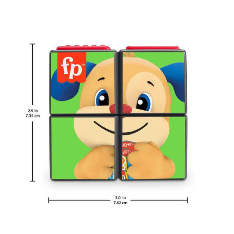 The Fisher-Price Laugh & Learn Puppy's Activity Cube consists of four connected blocks that feature a cartoon dog with blue ears and a red nose, holding a toy. When aligned, they form the complete image of the dog against a green background. One block showcases the Fisher-Price "fp" logo, making it an ideal activity toy for toddlers. The cube measures 2.9 inches in height and 3.0 inches in width.