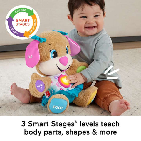 A smiling baby sits on the floor playing with a Fisher-Price Laugh & Learn Smart Stages Sis, which is a musical plush toy shaped like a dog. Equipped with Fisher-Price's Smart Stages technology, it has colorful labels on its body parts including "ear," "foot," and "music." Text reads, "3 Smart Stages® levels teach body parts, shapes & more.