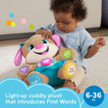 A young child sits on the floor, playing with a Fisher-Price Laugh & Learn Smart Stages Sis, a light-up cuddly musical plush toy dog. The toy has interactive buttons labeled “MUSIC,” "FOOT," "HAND," and “SMART STAGES.” Text on the image reads, "Light-up cuddly plush that introduces First Words, 6-36 m.