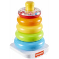 The Fisher-Price Rock-A-Stack is an engaging and vibrant stacking toy designed with a yellow knob on top. It features rings in red, orange, yellow, green, blue, and light blue that decrease in size. This cheerful toy is placed on a white base branded with the "Fisher-Price" label.