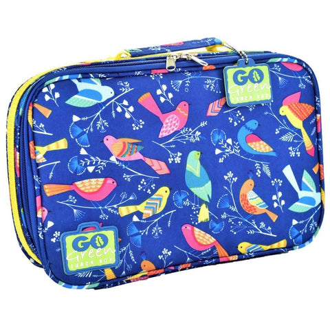 Introducing the Go Green Value Bundle - Tweety, a vibrant blue lunchbox adorned with colorful bird illustrations, featuring an array of pink, yellow, green, and blue birds perched on branches. This leak-proof container prominently displays the "Go Green" logo on both the top right corner and the zipper pull, providing an earth-friendly solution for your meals.