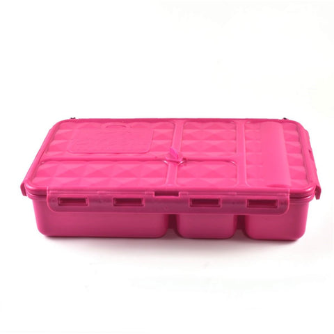 The Go Green Value Bundle - Tweety by Go Green features a bright pink, rectangular lunchbox with a quilted pattern on the lid. It includes a secure latch system and small compartments inside for organized food storage. Made from durable plastic material, this earth-friendly solution is easy to clean and leak-proof.