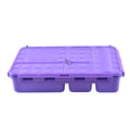 The Go Green Value Bundle - Tweety, by Go Green, is a purple plastic storage container featuring a textured lid with several secure latches. This design is an earth-friendly solution that offers multiple compartments for organizing small items. Its leak-proof lid has a geometric patterned surface, ensuring that contents stay secure and fresh.