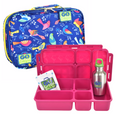 Image of the Go Green Value Bundle - Tweety, featuring a blue lunch bag with a colorful bird pattern labeled "Go Green," accompanied by a pink segmented lunch container, a green-lidded stainless steel water bottle, and a small "Go Green" leak-proof cooling pack—an earth-friendly solution from Go Green.