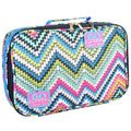 The Go Green Value Bundle - Zoe's Zig Zag is a vibrant insulated carry bag showcasing a zigzag pattern in an array of blue, green, pink, yellow, and black hues. It features a small handle on top and displays a pink label with "Go Green Lunch Boxes" on the front. Equipped with Turn 'n Lock technology, it guarantees that your meals remain fresh throughout the day.