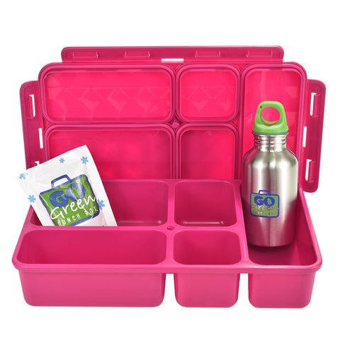 A bright pink lunchbox with multiple compartments is open, displaying a stainless steel water bottle with a green cap and a pack featuring "Go Green Value Bundle - Zoe's Zig Zag." The set incorporates Turn 'n Lock technology to ensure freshness and comes with an insulated carry bag for added convenience.