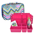 The Go Green Value Bundle - Zoe's Zig Zag offers a colorful zigzag-patterned insulated carry bag, a pink bento box featuring multiple compartments with a small packet labeled "Green" inside one compartment, and a stainless steel water bottle with a green cap and the "Go Green Lunch Boxes" logo, all incorporating Turn 'n Lock technology.