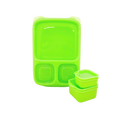 The Goodbyn Hero (with Dipper Set) collection includes a set of lime green plastic containers. This BPA-free lunch box features three compartments: one large rectangular and two smaller square sections. Additionally, two color-matched, leakproof dipper containers are included and can be stacked next to the main container.