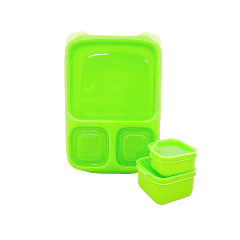 The Goodbyn Hero (with Dipper Set) collection includes a set of lime green plastic containers. This BPA-free lunch box features three compartments: one large rectangular and two smaller square sections. Additionally, two color-matched, leakproof dipper containers are included and can be stacked next to the main container.