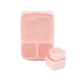 The Goodbyn Hero (with Dipper Set) consists of a pink set of rectangular nesting food containers of varying sizes, featuring two smaller containers beside a larger one in the background. Made from BPA-free plastic with white lids, this Goodbyn lunch box set includes leakproof dippers to keep your snacks fresh and secure.