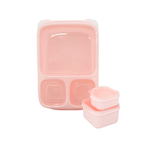 The Goodbyn Hero (with Dipper Set) consists of a pink set of rectangular nesting food containers of varying sizes, featuring two smaller containers beside a larger one in the background. Made from BPA-free plastic with white lids, this Goodbyn lunch box set includes leakproof dippers to keep your snacks fresh and secure.