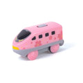 The HAPE Battery Powered Inter-City Loco - Pink by HAPE is a delightful children's railway toy. This small, pink locomotive features a rounded front, black windows, and four pink wheels. The body is adorned with decorative cherry blossom patterns, bears a "19-4" marking, and has a heart symbol with the word "Sweet" on the side.