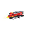 The HAPE Charge n Go Train is a red toy train engine featuring a gray roof and four wheels. It boasts two yellow headlights on the front and has the number "13" prominently displayed on its side. Branded with the HAPE name and heart logo, this toy rapidly moves forward, highlighting its simple yet timeless mechanics.