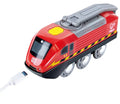 The HAPE Charge n Go Train is a brightly-colored engine with red and grey accents, connected to a USB charging cable. It features a yellow hexagonal shape on top, the number "13" on the front and side, and the name "Hape" next to a heart logo on the back, offering timeless play.