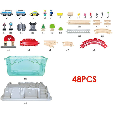 Image of the HAPE City Train Bucket Set (48 pieces) displayed with all individual components. Includes various vehicles, people, a toy house, road signs, trees, track pieces for the train set, and a blue city-themed storage box. The text "48PCS" is prominently displayed in red. Perfect for imaginative play!