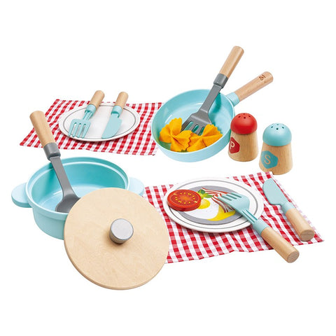 The HAPE Cook & Serve Set by HAPE is a delightful children's play kitchen set that includes blue and wooden cookware items such as a lidded pot, two frying pans with food pieces, and utensils. This charming cooking serving set also comes with two red-checkered placemats holding plates, forks, and knives, accompanied by salt and pepper shakers.