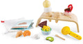 The HAPE Creamy Dreamy Ice Cream Corner by HAPE is a wooden toy ice cream set that includes ice cream scoops, cones, toppings, a scooper, and a wooden stand. This set also features realistic elements like a toy kiwi slice, orange slice, and comes with a booklet and mesh storage bag to enhance imaginative play in a colorful and playful pretend ice cream shop.