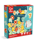 A box of HAPE Magnetic Numbers 54pc is an educational toy designed for children aged 3 to 6 years, containing 54 colorful magnetic numbers and math symbols. The box features bright colors and an illustrated image of the contents on the front.