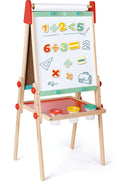 The HAPE Magnetic Numbers 54pc set from HAPE is a wonderful wooden children's easel with a whiteboard, showcasing vibrant magnetic numbers, math symbols, and playful drawings. This educational toy comes equipped with a red tray that holds three paint cups and features an adjustable board height, making it ideal for both learning and creative activities.