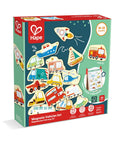 The image shows the HAPE Magnetic Vehicles 30pc playset, designed for children aged 18-36 months. The set includes 30 colorful vehicle magnets, such as cars, boats, and planes, which aid in vocabulary development and fine motor skills. It is displayed in a green and red box with the tagline, "Love play learn.