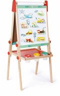 The HAPE Magnetic Vehicles 30pc wooden child's easel by HAPE features a whiteboard adorned with colorful vehicle and scenery drawings. It includes a red tray with three paint containers underneath, comes with vehicle magnets to inspire creativity, and has adjustable height using red, green, and blue knobs. Perfect for enhancing fine motor skills!