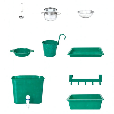 An assortment of HAPE Outdoor Kitchen green and stainless steel cookware and storage items, perfect for a mud kitchen, displayed on a white background. This HAPE collection includes a ladle, pot with lid, bowl, pie dish, pail with handle, two rectangular trays, bucket with spigot, and a wall-mounted shelf ideal for outdoor play.