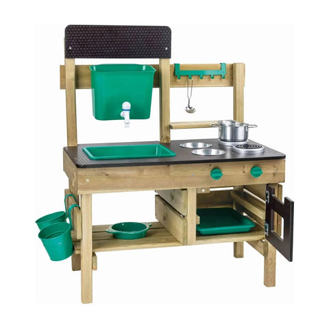 The HAPE Outdoor Kitchen by HAPE is a wooden toy playset featuring a green sink with a faucet, a stovetop with two burners, an oven with a door, and multiple shelves. It includes kitchen accessories such as a pot, utensils, and several green pails. Perfect for outdoor play as a mud kitchen, it offers endless fun for children’s play.