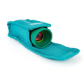 A compact Hape Adjustable Telescope peeks out of its teal fabric case with an open flap, revealing the lens end. The textured surface of the case, designed by Hape, ensures protection for this bird-watching essential when not in use. Its portability makes it an ideal addition to your adventure accessories collection.