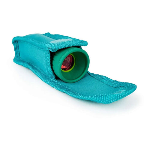 A compact Hape Adjustable Telescope peeks out of its teal fabric case with an open flap, revealing the lens end. The textured surface of the case, designed by Hape, ensures protection for this bird-watching essential when not in use. Its portability makes it an ideal addition to your adventure accessories collection.