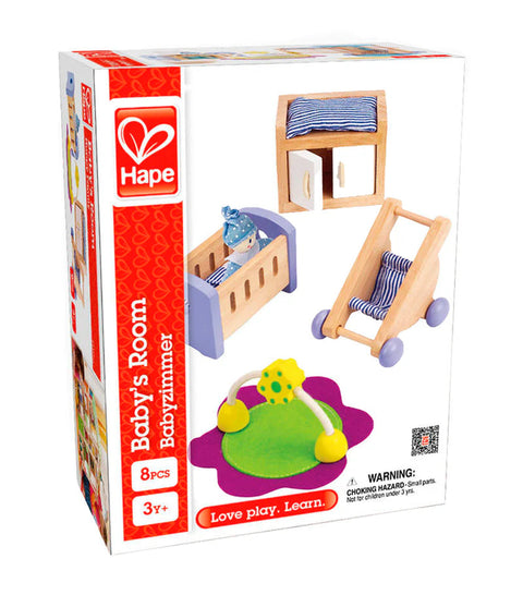 The image depicts a box labeled "Hape Baby's Room," showcasing a wooden toy set perfect for dollhouse furniture enthusiasts. Designed by Hape, the set includes a crib, a baby changing table with a towel, a stroller, and a play gym suitable for ages 3 and up. The box also prominently features Hape branding alongside a choking hazard warning.