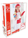 A boxed set by Hape, called the "Hape Chef Pack," features packaging with a young child wearing a chef's hat, apron, and oven mitt while holding toy cupcakes. This 5-piece play chef set is suitable for children ages 3 and up and carries the slogan "Love Play Learn.