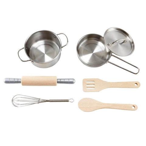 The Hape Chef's Cooking Set by Hape is displayed, perfect for any future chef. The set includes a small stainless steel pot with two handles, a matching pan with a lid, a wooden rolling pin, a whisk, a slotted spatula, and a wooden spoon. The items are neatly arranged against a plain background.