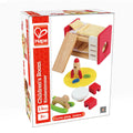 The Hape Children's Room toy set by Hape is a delightful miniature wooden children's room furniture collection, complete with bunk beds and various dollhouse accessories, all showcased on the box. Designed for children ages 3 and up, it features 13 pieces. The product proudly carries the tagline: "Love play. Learn.