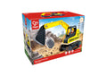 The image displays a colorful toy box featuring the Hape Dig 'n Dump Excavator by Hape, designed for children aged 2 to 8. This realistic playset includes an excavator with a yellow arm, black bucket, and black tracks displayed against a construction site background.