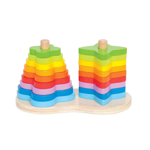 The Hape Double Rainbow Stacker by Hape is a wooden stacking and sorting toy that features two columns of star-shaped pieces in a variety of colors, including red, orange, yellow, green, blue, and pink. This educational toy arranges its pieces from the largest at the bottom to the smallest at the top on a wooden base.